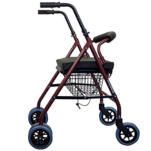 Mobiclinic, Andador con cojín viscoelástico, Prado Plus, Frenos por presión, Aluminio, Plegable, Cesta, Asiento, Cojín para sillas y andadores, Andador para ancianos, Ligero, 4 ruedas, Burdeos