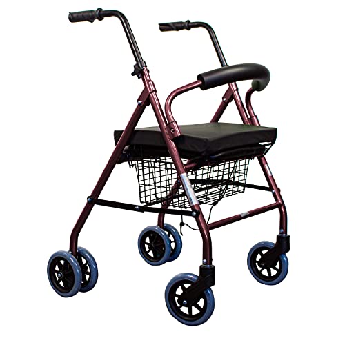 Mobiclinic, Andador con cojín viscoelástico, Prado Plus, Frenos por presión, Aluminio, Plegable, Cesta, Asiento, Cojín para sillas y andadores, Andador para ancianos, Ligero, 4 ruedas, Burdeos