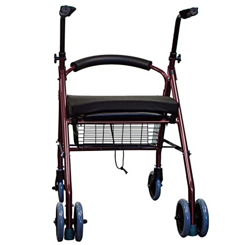 Mobiclinic, Andador con cojín viscoelástico, Prado Plus, Frenos por presión, Aluminio, Plegable, Cesta, Asiento, Cojín para sillas y andadores, Andador para ancianos, Ligero, 4 ruedas, Burdeos