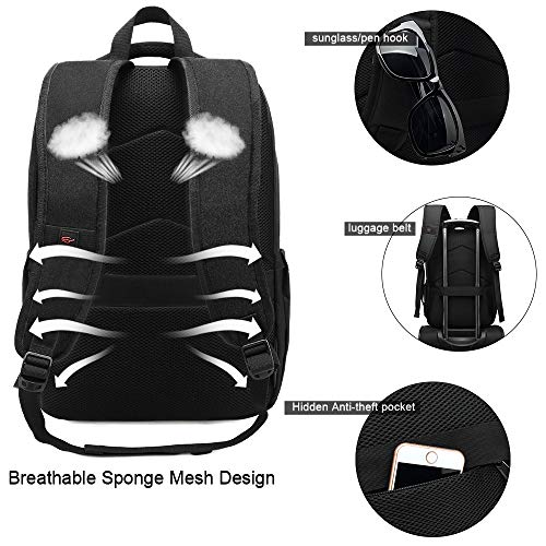 Mochila Unisex Impermeable para Ordenador Portátil de hasta 15.6 Pulgadas, con Puerto USB, conector para Auriculares y Bolsillo Antirrobo. Para los estudios, viajes o trabajo (Negro)