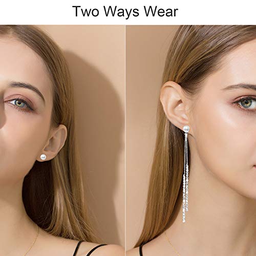 Moda Borla larga Perla de cristal Dos maneras de usar Cubic Zirconia Hipoalergénico y Níquel Free Stud Drop Pendientes Colgantes Joyas para niñas, Mujeres, Plata elegante (Plata)