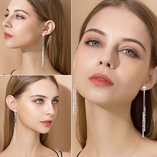 Moda Borla larga Perla de cristal Dos maneras de usar Cubic Zirconia Hipoalergénico y Níquel Free Stud Drop Pendientes Colgantes Joyas para niñas, Mujeres, Plata elegante (Plata)