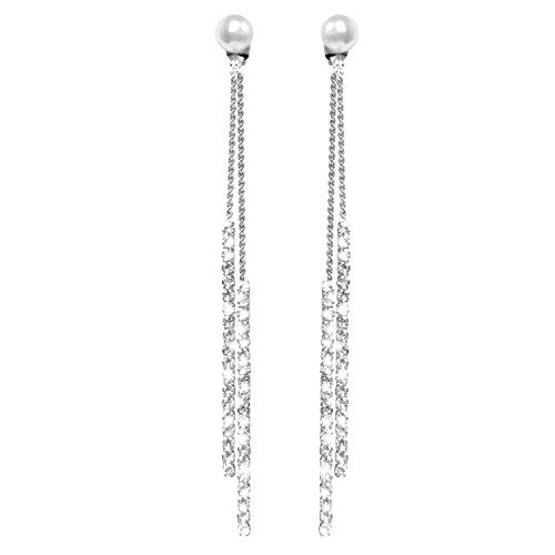 Moda Borla larga Perla de cristal Dos maneras de usar Cubic Zirconia Hipoalergénico y Níquel Free Stud Drop Pendientes Colgantes Joyas para niñas, Mujeres, Plata elegante (Plata)