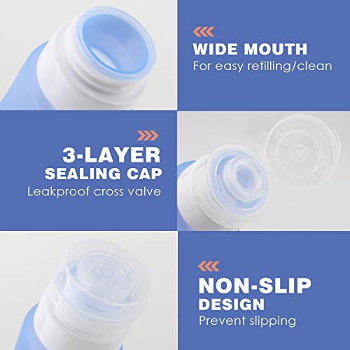 MoKo Botella de Viaje - Anti-Fugas & Rellenable/Compresible Silicona Travel Bottles Set para Champú, Bálsamo, Crema de Baño, Loción, Libre de BPA, FDA Aprobado - Azul & Blanco * Rosa & Morado