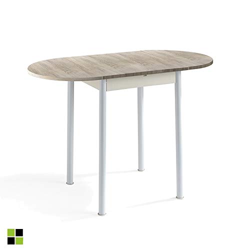 MOMMA HOME Conjunto Mesa Cocina Extensible y 2 Sillas - Mesa Comedor Extensible, Mesa Cocina Plegable, Conjunto Mesa y Sillas Cocina, Mesa Extensible, Roble/Blanco, Modelo Leva, 55/115 x 61 x 74 cm