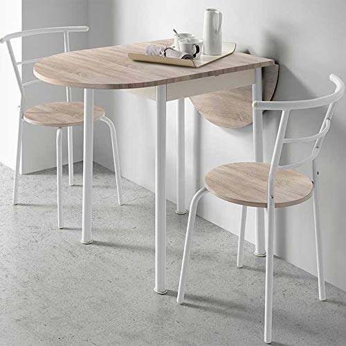 MOMMA HOME Conjunto Mesa Cocina Extensible y 2 Sillas - Mesa Comedor Extensible, Mesa Cocina Plegable, Conjunto Mesa y Sillas Cocina, Mesa Extensible, Roble/Blanco, Modelo Leva, 55/115 x 61 x 74 cm