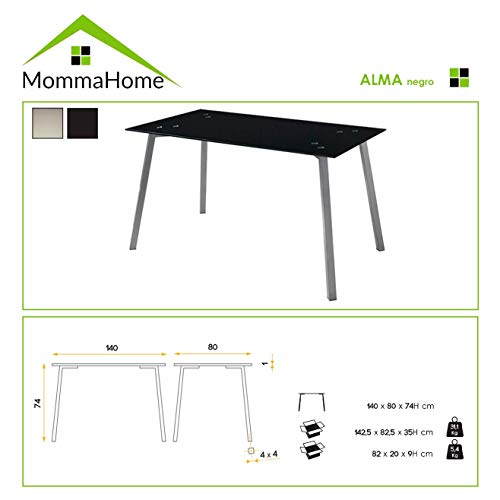 MOMMA HOME Mesa de Comedor - Modelo Alma - Color Negro/Gris - Material Cristal Templado/Metal - Medidas 140 x 80 x 75 cm