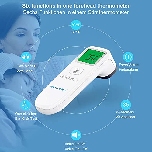 MomMed Termometro Digital, Termómetro Infrarrojo Sin Contacto Para Niños y Adultos, Termómetro Digital Con Pantalla LCD, con Alarma de Fiebre y Función de Recuperación de Memoria.