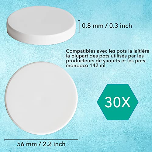 Monboco | Tapas para Vasos yogurtera |compatibles con Marca mercadona, la lechera, danone | diámetro 56mm | Blanca | Material de PEHD | Lote de 30 | Compatible con los Productos lácteos |