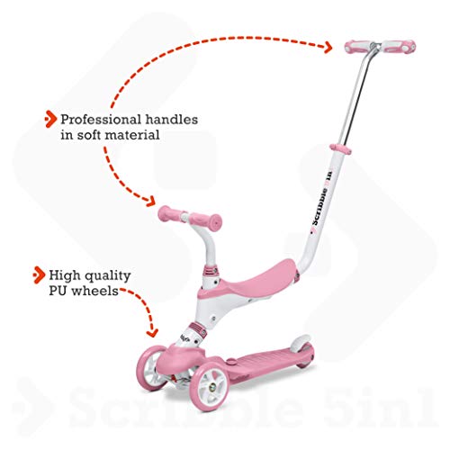 Mondo On&Go – Patinete para niños 5 en 1 – Patinete con Asiento, Pedales de Goma Blandos y Grandes Scooter de 3 Ruedas para niños – Edad de 1 a 5 años | Máx. 50 kg – Color Rosa – 28575