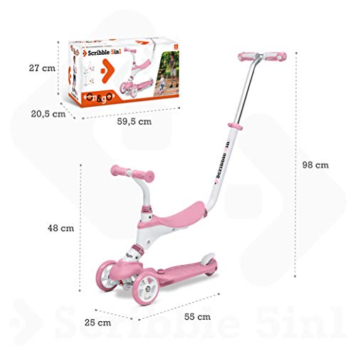 Mondo On&Go – Patinete para niños 5 en 1 – Patinete con Asiento, Pedales de Goma Blandos y Grandes Scooter de 3 Ruedas para niños – Edad de 1 a 5 años | Máx. 50 kg – Color Rosa – 28575