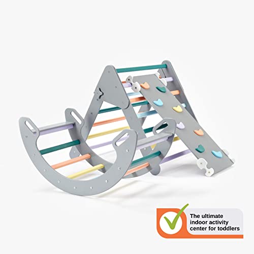 Montessori Pikler Triángulo Escalera Escalada | Marcos de escalada para interiores para niños pequeños gimnasio con rampa y arco basculante - Muebles funcionales infantiles ecológicos - Gris