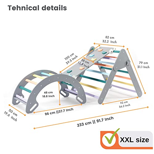 Montessori Pikler Triángulo Escalera Escalada | Marcos de escalada para interiores para niños pequeños gimnasio con rampa y arco basculante - Muebles funcionales infantiles ecológicos - Gris