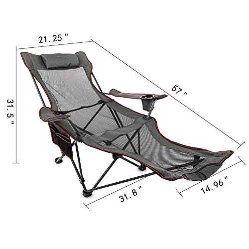 Moracle Silla de Campamento Plegable con Reposapiés Silla de Salón de Malla con Portavasos Bolsa de Almacenamiento Silla de Campamento Plegable (Gris)