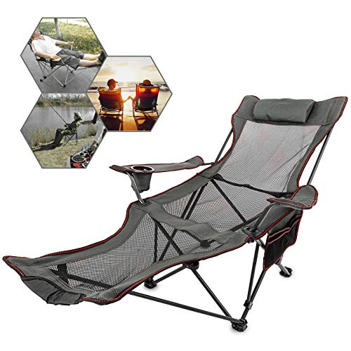 Moracle Silla de Campamento Plegable con Reposapiés Silla de Salón de Malla con Portavasos Bolsa de Almacenamiento Silla de Campamento Plegable (Gris)