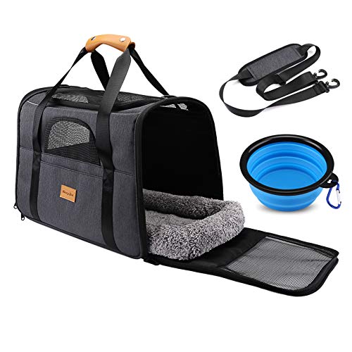 morpilot Transportín Perro Gato, Bolsa Transporte Transpirable para Mascotas, Portador de Viaje con Correa de Hombro Ajustable, Transporte de Gato con Colchón Suave+Tazón (17.3*12.2*13.4 Inch)