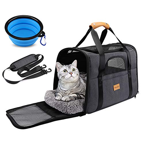 morpilot Transportín Perro Transportín Gato, Bolsa Transporte Transpirable para Mascota, Bolsa Perro Transporte con Correa de Hombro Ajustable y con Cojín Extraíble + Tazón (16.9*11.8*13 Inch )