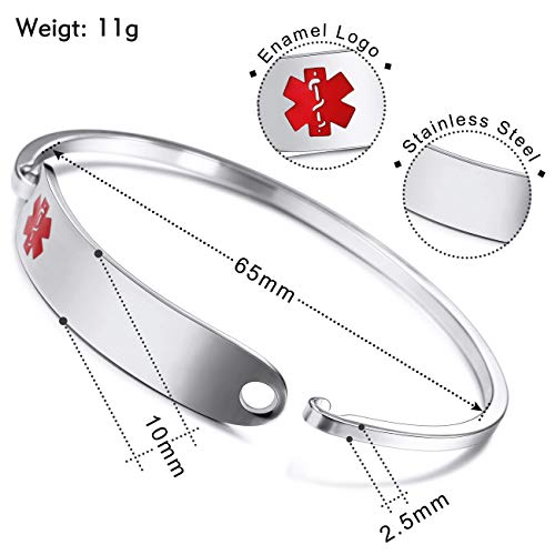 MOWOM Medical Grabado Personalizado Alerta De Emergencia Médica Brazalete Nombre Identificación De Identificación para Mujeres Chica Acero Inoxidable - (Plata Color, 65 Milímetro Diámetro)