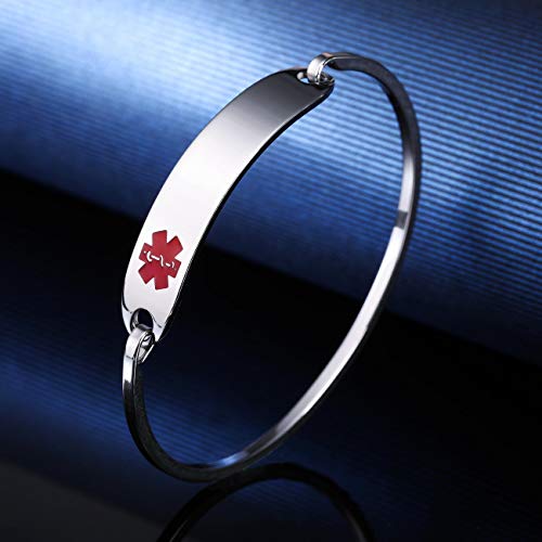 MOWOM Medical Grabado Personalizado Alerta De Emergencia Médica Brazalete Nombre Identificación De Identificación para Mujeres Chica Acero Inoxidable - (Plata Color, 65 Milímetro Diámetro)