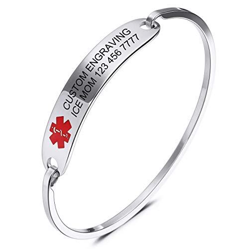 MOWOM Medical Grabado Personalizado Alerta De Emergencia Médica Brazalete Nombre Identificación De Identificación para Mujeres Chica Acero Inoxidable - (Plata Color, 65 Milímetro Diámetro)