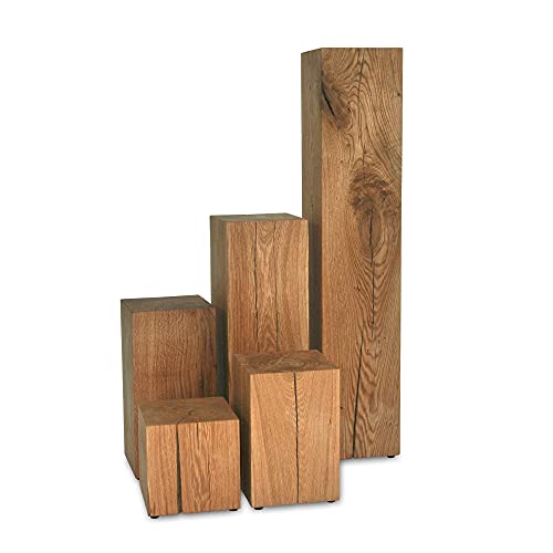 MS FACTORY Bloque de Roble de Madera Maciza - Cubo, Tronco de Madera - Mesa Auxiliar, Columna Decorativa, Soporte de Madera, Mesa de Madera, Base de Flores, Mesita de Noche - 20 x 20 x 70 cm