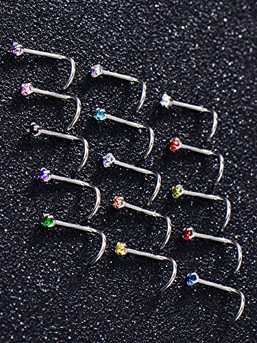 Mudder 20 Gauge 15 Piezas Aros de Nariz Curvados Piercing de Nariz Pendiente de Nariz de Acero Inoxidable Tornillo de Zirconia Cúbica Joyas de Cuerpo, 15 Colores