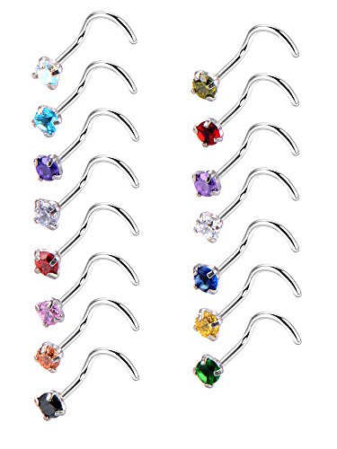 Mudder 20 Gauge 15 Piezas Aros de Nariz Curvados Piercing de Nariz Pendiente de Nariz de Acero Inoxidable Tornillo de Zirconia Cúbica Joyas de Cuerpo, 15 Colores