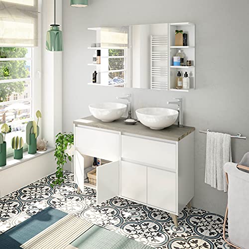 Mueble de Baño con 4 Puertas y 2 Cajones, Modulo Lavabo, Modelo ONA, Acabado en Blanco Brillo y Roble Alaska, Medidas: 120 cm (Ancho) x 80 cm (Alto) x 46 cm (Fondo)