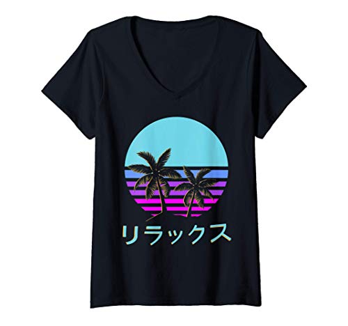 Mujer Estética Estilo de Ondas de Vapor 1980 1990 Otaku Japonés Camiseta Cuello V