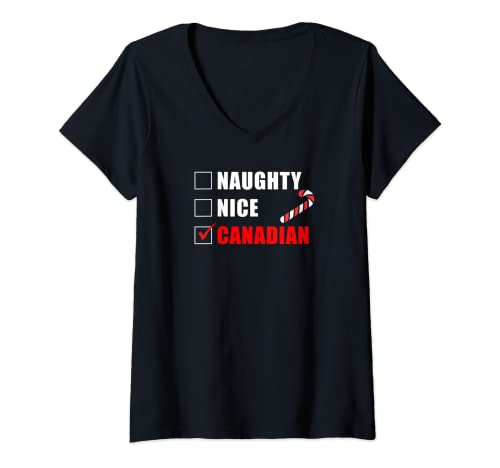 Mujer Naughty Nice Canadiense Candy Bastón Navidad Santa Lista Camiseta Cuello V