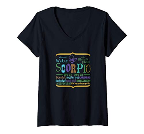 Mujer Scorpio Astrology Zodiac Sun Sign Horoscope Grunge Word Art Camiseta Cuello V