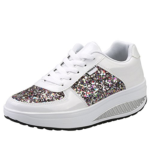 Mujer Zapatillas de Deporte Cuña Zapatos para Caminar Aptitud Plataforma Sneakers con Cordones Calzado de Tacón 4cm Blanco EU 39