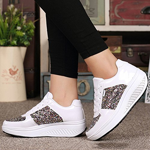 Mujer Zapatillas de Deporte Cuña Zapatos para Caminar Aptitud Plataforma Sneakers con Cordones Calzado de Tacón 4cm Blanco EU 39