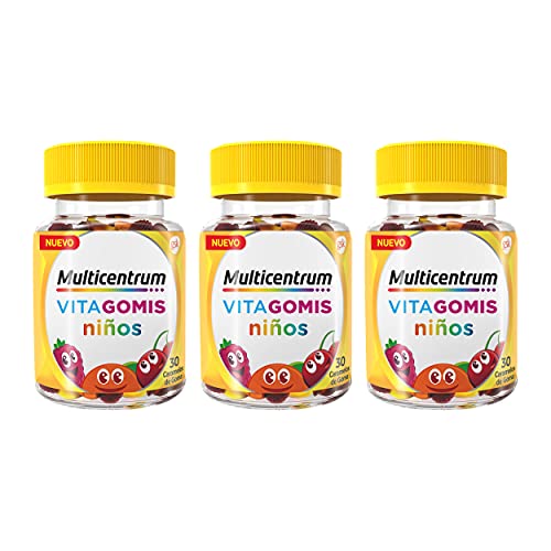 Multicentrum Vitagomis Niños, Complemento alimenticio en gominola, multivitamínico para niños a partir de 4 años, pack de 3x30 gominolas