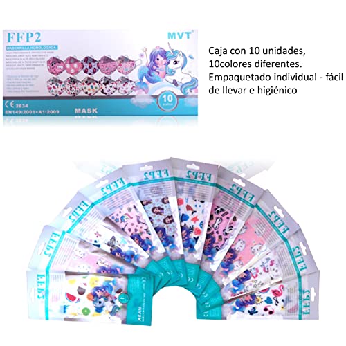 MVT Mascarilla FFP2 Colores, Pack de 10x Mascarillas FFP2 NR de Colores Homologadas Para Niñas 5 Capas Forma 3D Tipo Pez +1 Estuche Porta Mascarillas Color Aleatorio (Rosa niña)