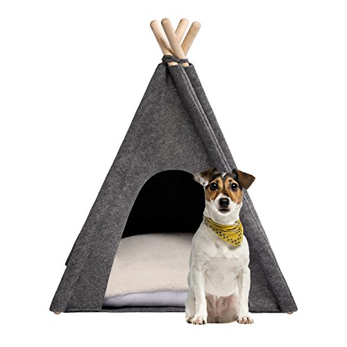 MYANIMALY Tipi Tienda de campaña para Mascotas, Tienda para Gatos, Cama para Mascotas, Refugio para Perros y Gatos con Almohada Reversible, diseño Moderno (M - 80 cm x 80 cm, Grey/Ecru)