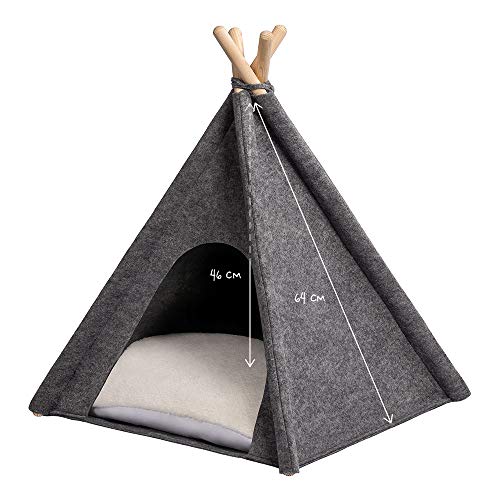 MYANIMALY Tipi Tienda de campaña para Mascotas, Tienda para Gatos, Cama para Mascotas, Refugio para Perros y Gatos con Almohada Reversible, diseño Moderno (M - 80 cm x 80 cm, Grey/Ecru)