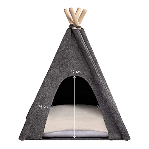 MYANIMALY Tipi Tienda de campaña para Mascotas, Tienda para Gatos, Cama para Mascotas, Refugio para Perros y Gatos con Almohada Reversible, diseño Moderno (M - 80 cm x 80 cm, Grey/Ecru)