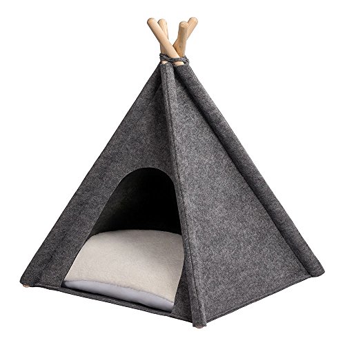 MYANIMALY Tipi Tienda de campaña para Mascotas, Tienda para Gatos, Cama para Mascotas, Refugio para Perros y Gatos con Almohada Reversible, diseño Moderno (M - 80 cm x 80 cm, Grey/Ecru)