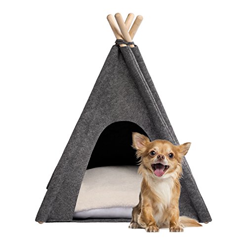 MYANIMALY Tipi Tienda de campaña para Mascotas, Tienda para Gatos, Cama para Mascotas, Refugio para Perros y Gatos con Almohada Reversible, diseño Moderno (S - 60 cm x 60 cm, Grey/Ecru)