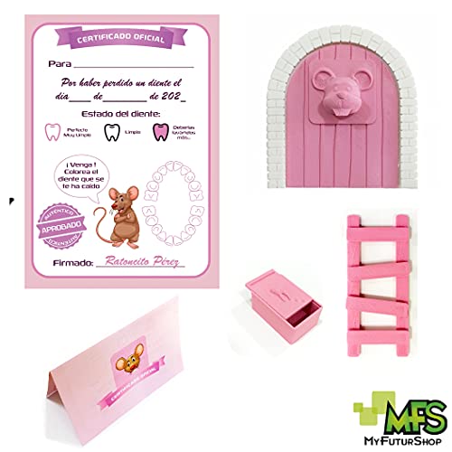 Myfuturshop® Raton Pérez Puerta mágica, Caja para el Diente, Escalera, 4 certificados de Diente Limpio. Regalo Original para niño y niña. Rosa