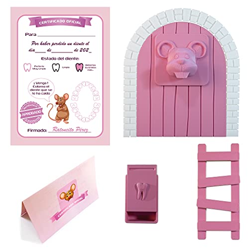 Myfuturshop® Raton Pérez Puerta mágica, Caja para el Diente, Escalera, 4 certificados de Diente Limpio. Regalo Original para niño y niña. Rosa