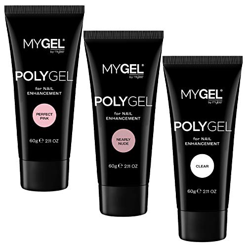 Mylee Kit completo profesional de Polygel, 3 colores MYGEL, Slip Solution, Capa base y superior, Lámpara LED, Toallitas de preparación y limpiacion, 3 limas de uñas, Dual Forms, Herramienta Doble