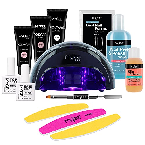 Mylee Kit completo profesional de Polygel, 3 colores MYGEL, Slip Solution, Capa base y superior, Lámpara LED, Toallitas de preparación y limpiacion, 3 limas de uñas, Dual Forms, Herramienta Doble