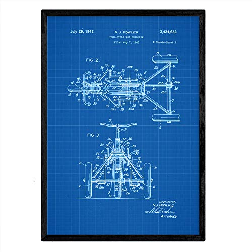 Nacnic Poster con Patente de Triciclo. Lámina con diseño de Patente Antigua en tamaño A3 y con Fondo Azul