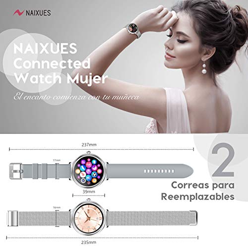 NAIXUES Smartwatch Mujer, Reloj Inteligente Impermeable 67, Monitor de Sueño y Caloría Pulsómetro, 7 Modos de Deportes, Notificaciones Inteligentes, Reloj Deportivo Mujer para Android iOS(Plata)