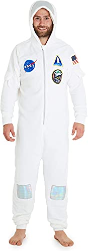 Nasa Pijama Hombre Entero de Una Pieza, Disfraz Adulto de Astronauta, Pijama Mono con Capucha, Regalos para Hombres Mujeres y Adolescentes Talla S - 2XL (Blanco, L)