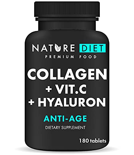 Nature Diet - Colágeno con ácido hialurónico y vitamina C, 180 tabletas, 500 mg | Antienvejecimiento | Colágeno hidrolizado