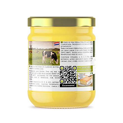 Naturseed Ghee Organico - Mantequilla Clarificada Bio Pura Ayurveda - Organic Butter Grassfed - Sin Lactosa - Vacas alimentadas sólo de pastos ecologicos - Sabor Dulce - 250º- Recetas Gratis (500GR)