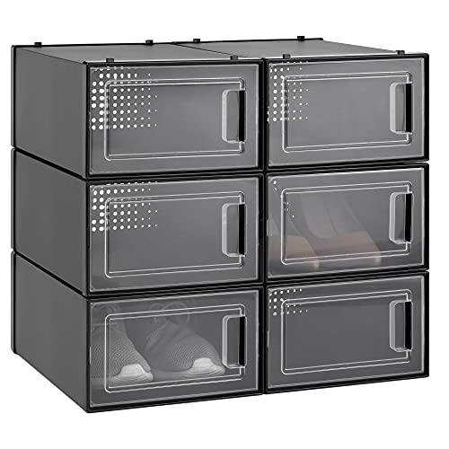 Navaris Cajas para almacenaje apilables - Set de 6x caja de zapatos negra con tapa transparente - Organizador de plástico para guardar zapatos ropa